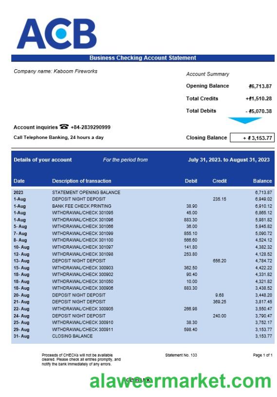 ACB Bank firm account statement Word and PDF template